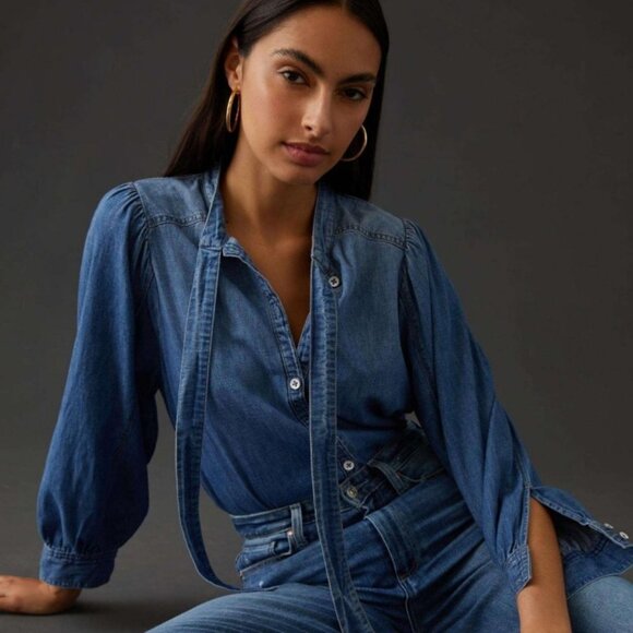 Pilcro Tops - Pilcro Women's Tie-Neck Denim Blouse - XXS